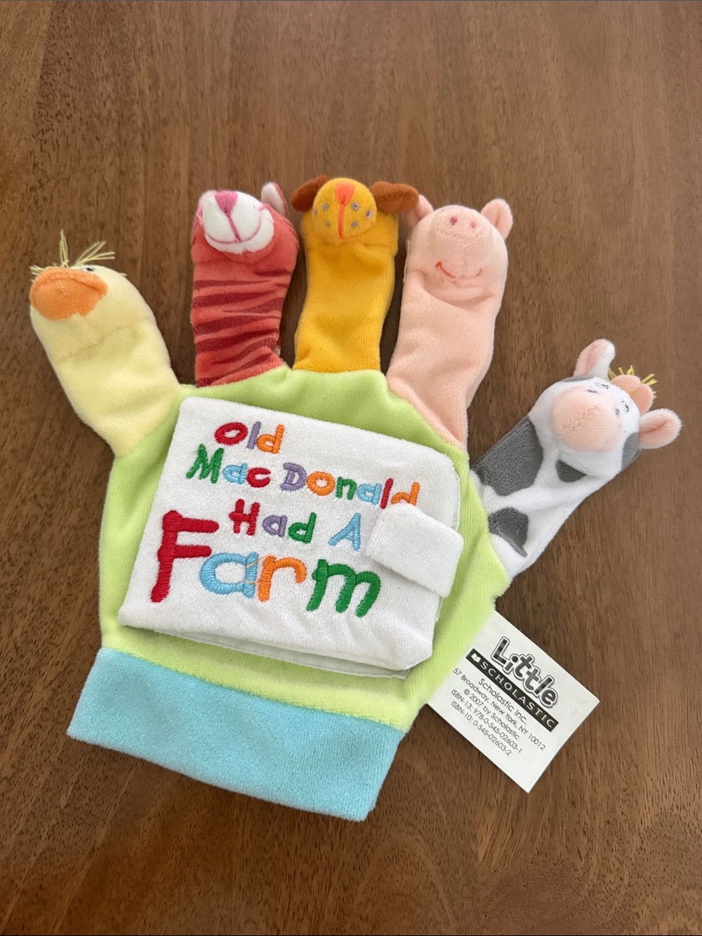 Scholastic Plush Farm Finger Puppet Glove in Green, White, Pink, Gray, Blue